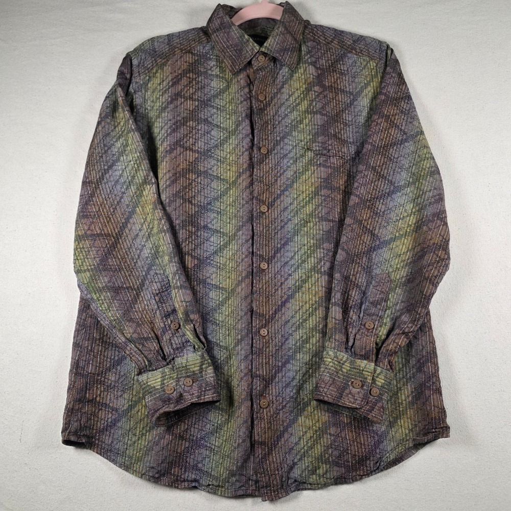 Jhane Barnes Mens Silk Rayon Jacquard Geometric Button Down Shirt Multi Color M
